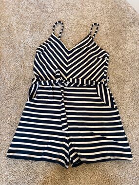 Monteau Navy & White Striped Sleeveless Romper with Waist Tie